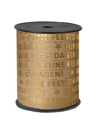 Mokka cadeaulint met gouden tekst 'Fijne feestdagen' - 10 mm x 150 meter