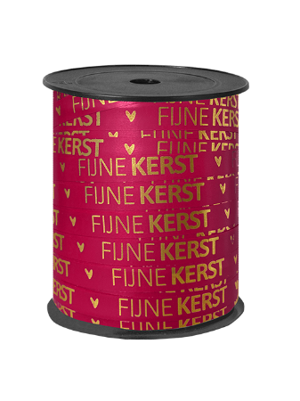 Roze paperlook lint met gouden tekst 'Fijne kerst' - Cadeaulint 10mmx150m