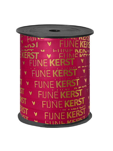 KP® Bedrukt cadeaulint - Fijne kerst roze/goud - 10mmx150m Roze paperlook lint met gouden tekst 'Fijne kerst' - Cadeaulint 10mmx150m