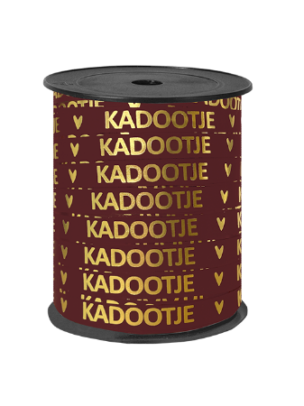 Burgundy paperlook lint met gouden tekst 'kadootje' - kadolint 10mmx150m