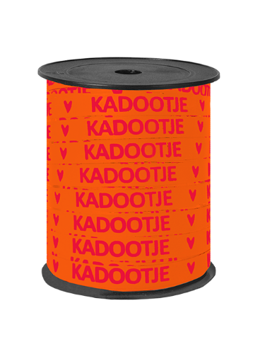 KP® Bedrukt cadeaulint - Kadootje oranje/roze - 10mmx150m Oranje cadeaulint met roze 'kadootje' - paperlook kadolint 10mmx150m