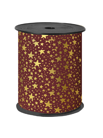 Bordeaux cadeaulint met gouden sterretjes - Paperlook lint 10mmx150m