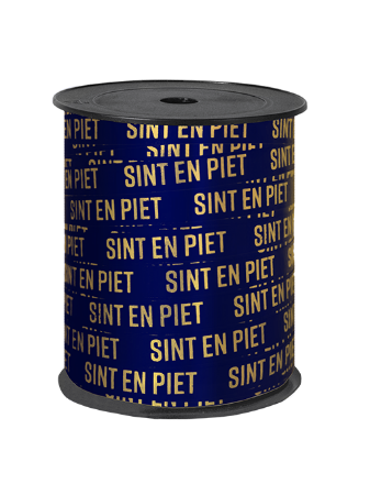 Blauw Sinterklaas cadeaulint met 'Sint en Piet' in goud - 10mmx150m