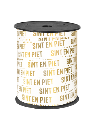 Wit Sinterklaas cadeaulint met 'Sint en Piet' in goud - 10mmx150m