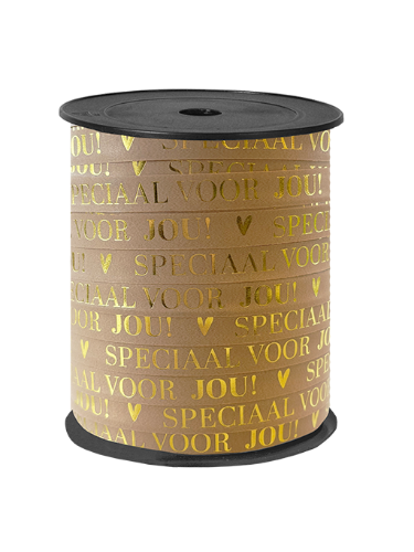 KP® Bedrukt cadeaulint - Speciaal voor jou mokka/goud - 10mmx150m Mokka paperlook lint met gouden tekst 'Speciaal voor jou' - Cadeaulint 10mmx150m