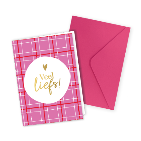 Roze geruite gevouwen wenskaart 'Veel liefs' - Kaarten met envelop