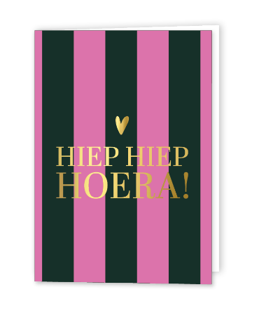 Groen/roze gestreept verjaardagskaartje met hiep hiep hoera - wenskaart gevouwen