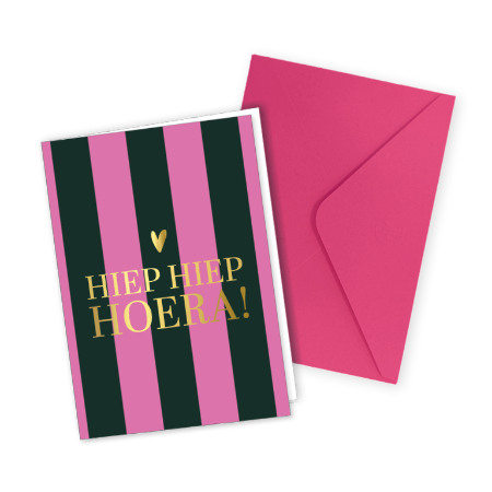 Groen/roze gestreept verjaardagskaartje met envelop - wenskaart gevouwen