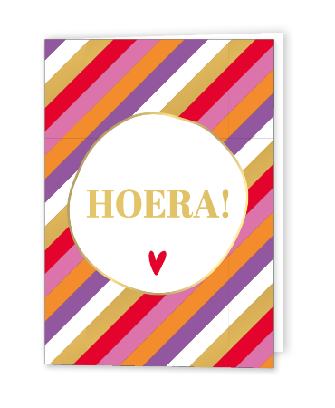 Gekleurde gestreepte wenskaart met 'Hoera' - Gevouwen verjaardagskaart