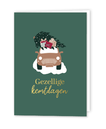 Groene kerstkaart met kerstauto - Gevouwen wenskaart