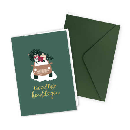 Groene kerstkaart met kerstauto - Gevouwen wenskaart met groene envelop
