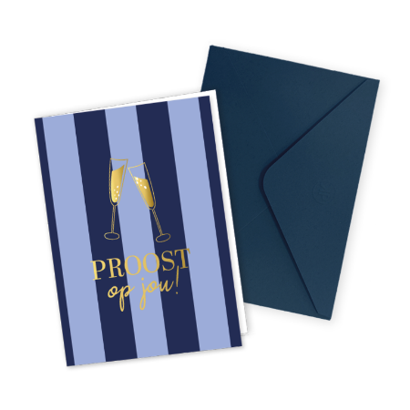 Blauw gestreepte wenskaart gevouwen - Proost op jou met blauwe envelop
