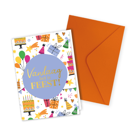 Verjaardagskaart met birthday doodles - gevouwen wenskaart met oranje envelop