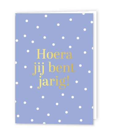 Lichtblauwe verjaardagskaart met gouden tekst en witte stippen - Wenskaart