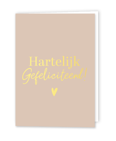 Beige kaart met hartelijk gefeliciteerd in goud - wenskaartje