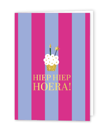 Blauw/roze gestreepte verjaardagkaart - Hiep hiep hoera - Gevouwen wenskaart
