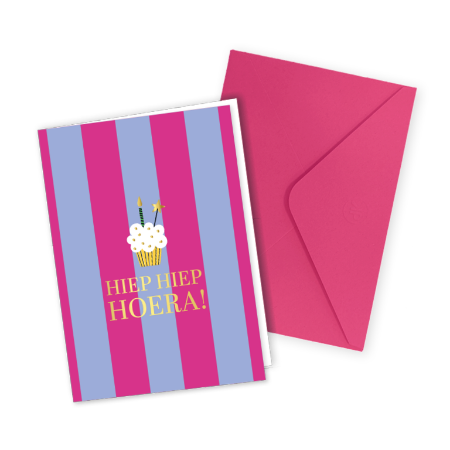 Blauw/roze gestreepte verjaardagkaart - Hiep hiep hoera - Gevouwen wenskaart met roze envelop