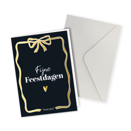 Zwarte kerstkaart met gouden strikkader - gevouwen wenskaart met witte envelop