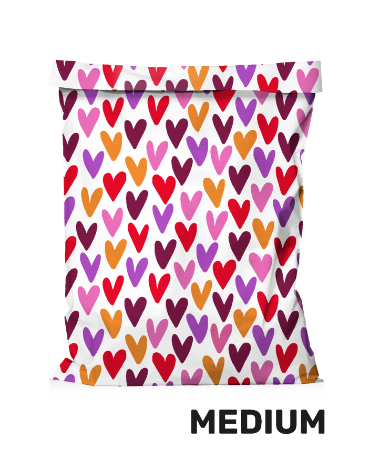 Witte verzendzak met gekleurde hartjes - webshopverpakking 36x45+5cm 
