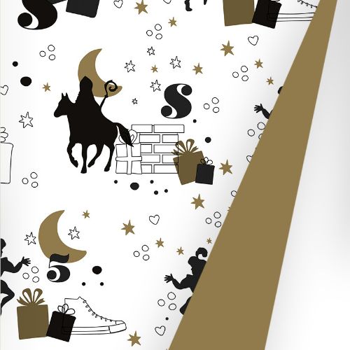 Toon details van Coated cadeaupapier 200m - Op de hoge daken zwart/goud Afbeeldingen van Coated cadeaupapier 200m - Op de hoge daken zwart/goud