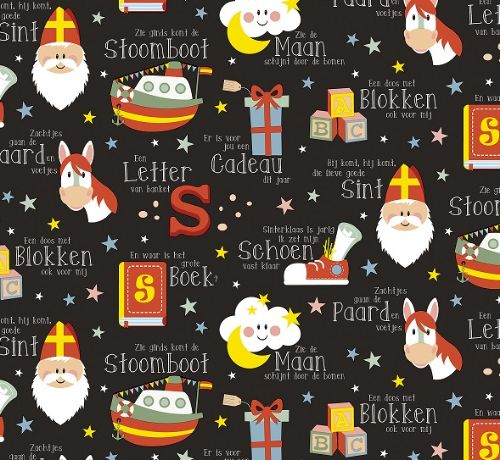 Toon details van Coated cadeaupapier 200m - Sint Lyrics zwart Afbeeldingen van Coated cadeaupapier 200m - Sint Lyrics zwart