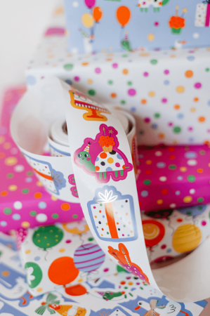 Verjaardag stickers schildpad, kado, gans en taart – 5 varianten – 40x44mm