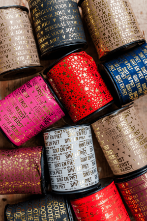 Blauw Sinterklaas cadeaulint met 'Sint en Piet' in goud - 10mmx150m