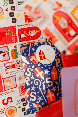 Blauw sinterklaas cadeauzakje met gouden illustraties - 12x19cm