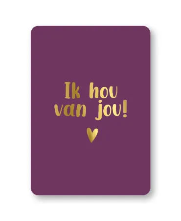 Paarse wenskaart met goudfolie letters 'ik hou van jou'