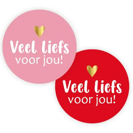 Ronde stickers veel liefs voor jou - Roze en Rood met goudfolie hartje