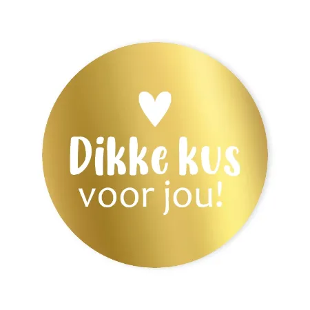 Goud ronde sticker met 'Dikke kus voor jou' in wit