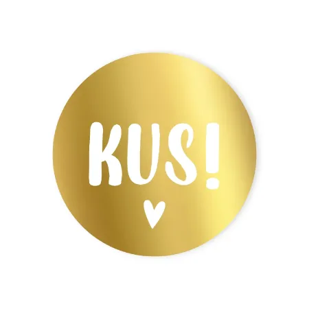 Ronde gouden sticker met 'Kus!' in het wit