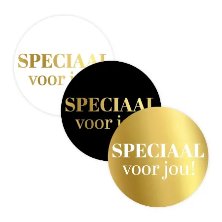 Goud / wit en zwarte ronde sticker met speciaal voor jou