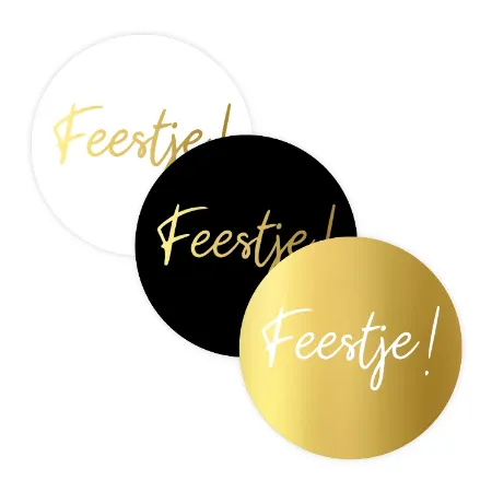 Ronde feestje stickers - wit, zwart, goud - 3 soorten wensetiketten