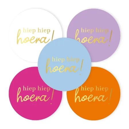 Hiep hiep hoera! stickers - Kleurrijke ronde wensetiketten - 5 soorten