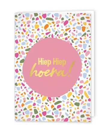 Afbeeldingen van KP® Wenskaarten gevouwen - Hiep Hiep Hoera + Terrazzo roze - 5 stuks