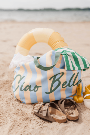 Ciao Bella strandtas met gele blauwe strepen - grote canvas shopper 65x18x49cm