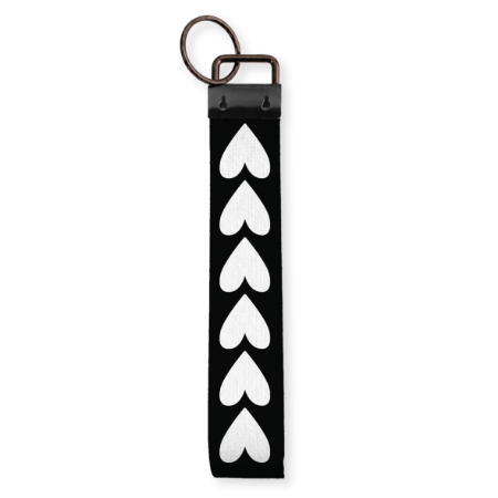 Stoffen polssleutelhanger zwart met witte hartjes - praktisch & stevig