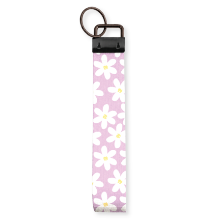 Lieve paarse polssleutelhanger met madeliefjes - Stevige stoffen sleutelhanger