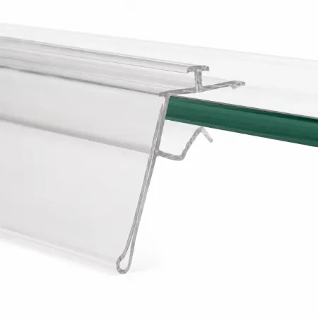 Transparante prijsrail 26x999 mm voor glazen schap 6-8 mm met bevestiging voor vakverdelers