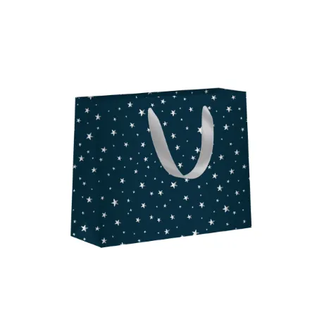 Luxe papieren draagtas met zilver lint - Donkerblauw met zilveren sterretjes 24x10x18cm, 10st