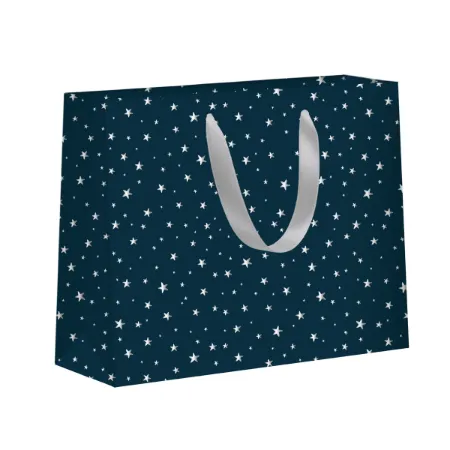 Luxe donkerblauwe draagtas met zilveren sterretjes, voorzien van zilver lint - 32x12x25cm, 10st