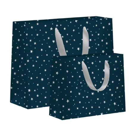 Grote en kleine luxe draagtas - Donkerblauw met zilveren sterretjes en lint handvaten