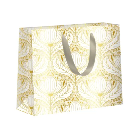 Wit met goud luxe papieren draagtas met gouden lint handvaten, 32x12x25cm, 10st