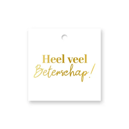 KP® Cadeaulabel - Heel veel beterschap (wit/goud) - 60x60mm