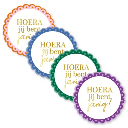 KP® Stickers D52mm - Hoera jij bent jarig (4 varianten) 250p/r