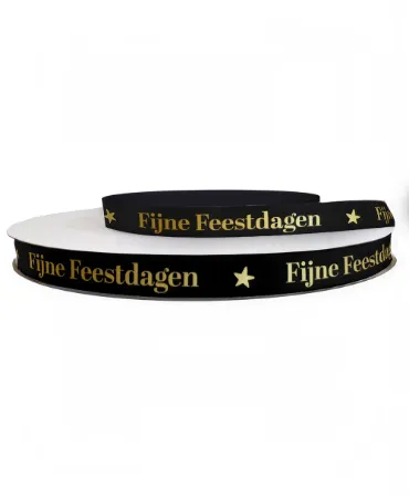 KP® Satijnlint 12mm - Fijne feestdagen, zwart/goud 100m