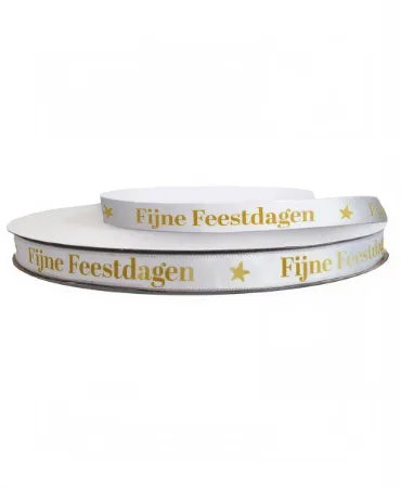 KP® Satijnlint 12mm - Fijne feestdagen, wit/goud 100m