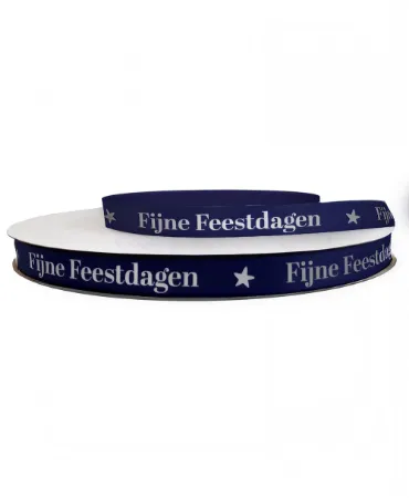KP® Satijnlint 12mm - Fijne feestdagen, blauw/zilver 100m