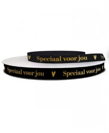 KP® Satijnlint 12mm - Speciaal voor jou, zwart/goud 100m